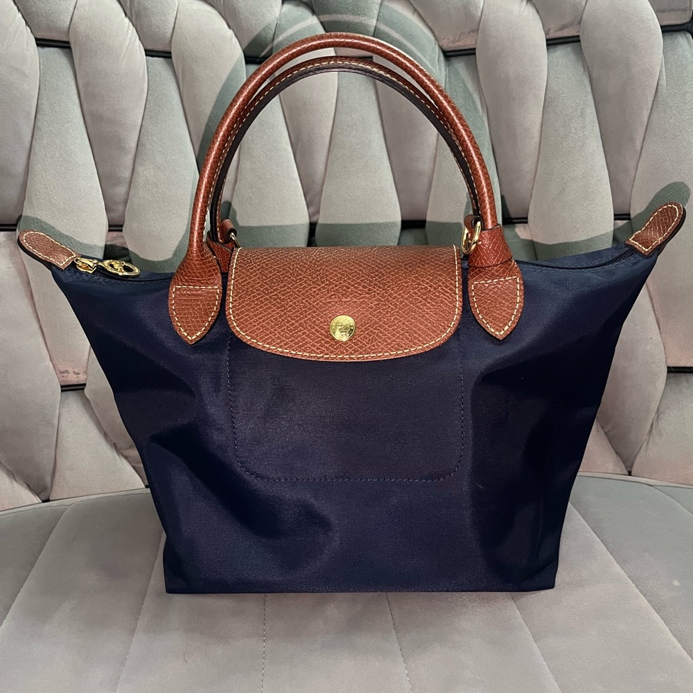 Longchamp Le Pliage small tote bag in navy with brown leather handles/crossbody
